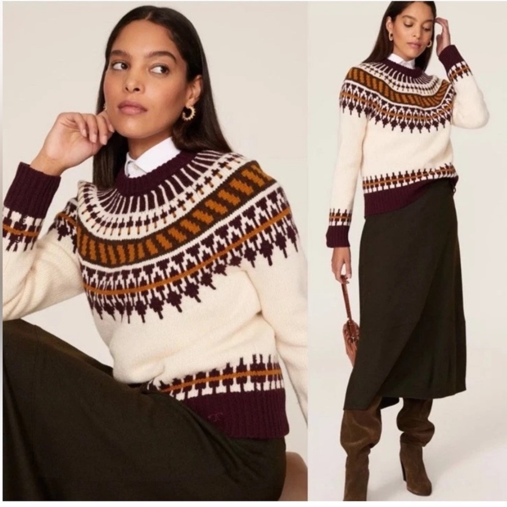 Tory Burch Fair Isle Patterned Sweater - Cream and Brown Sz M